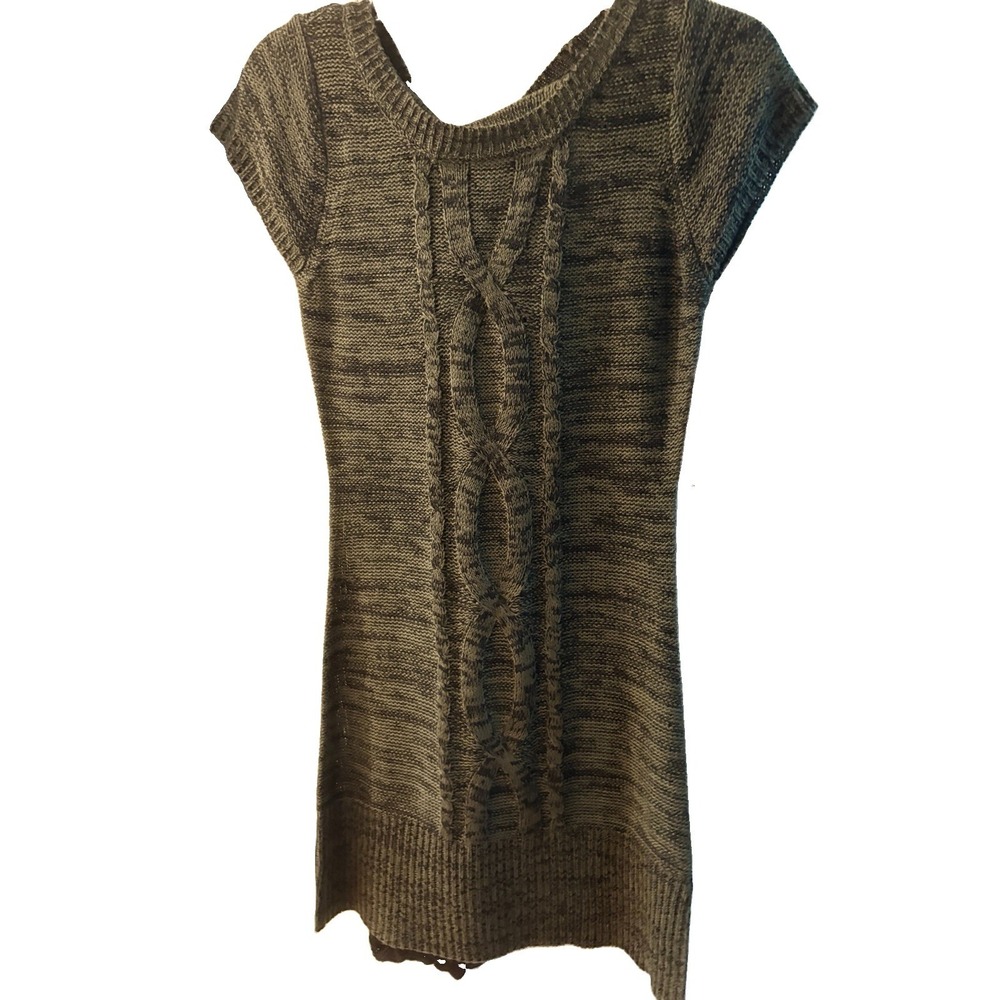 LEI Juniors M Sweater Dress Forest Green Marled Short Sleeve Cable Panel Vintage